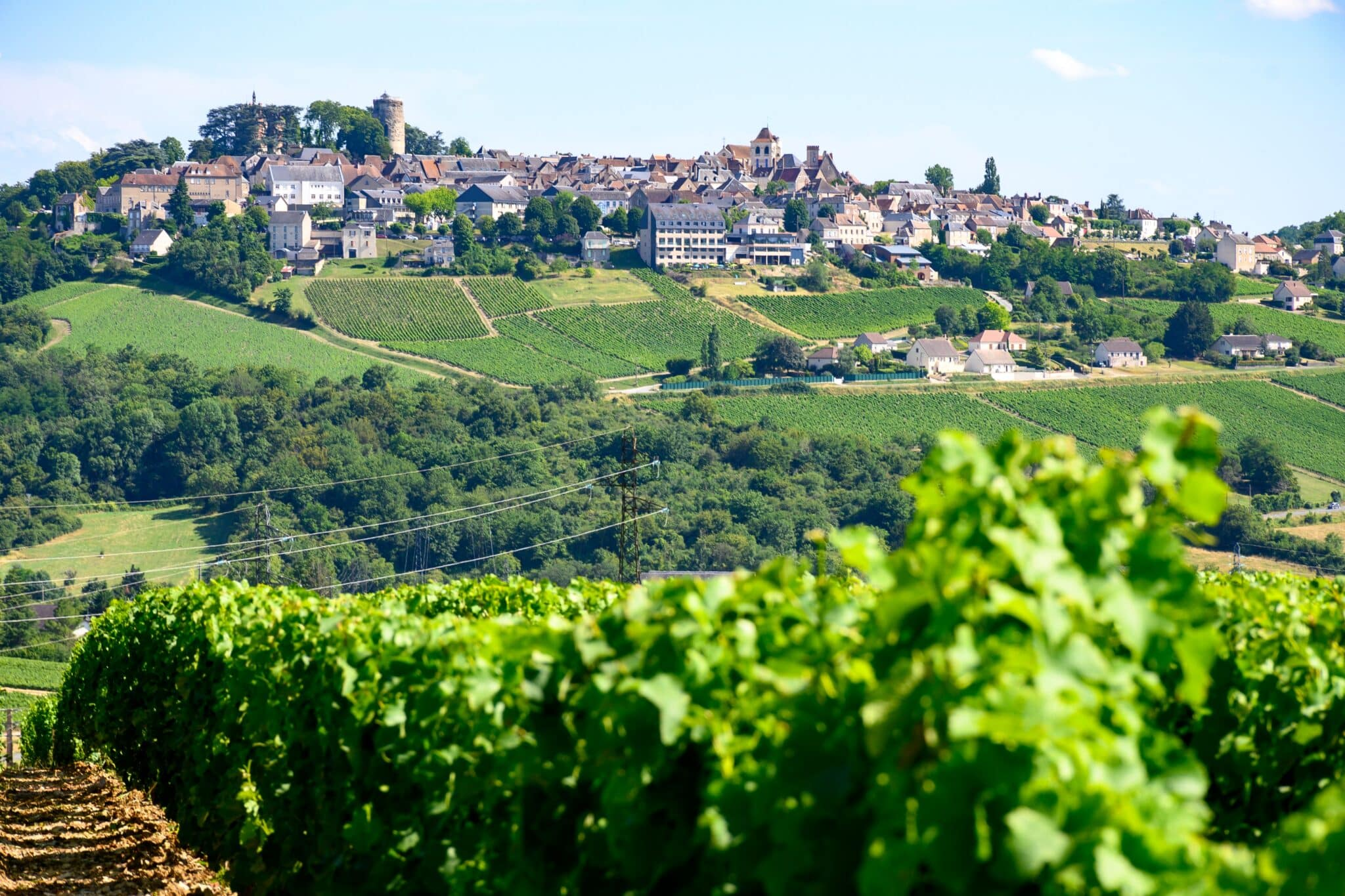 The hilltop town of Sancerre above its vineyards